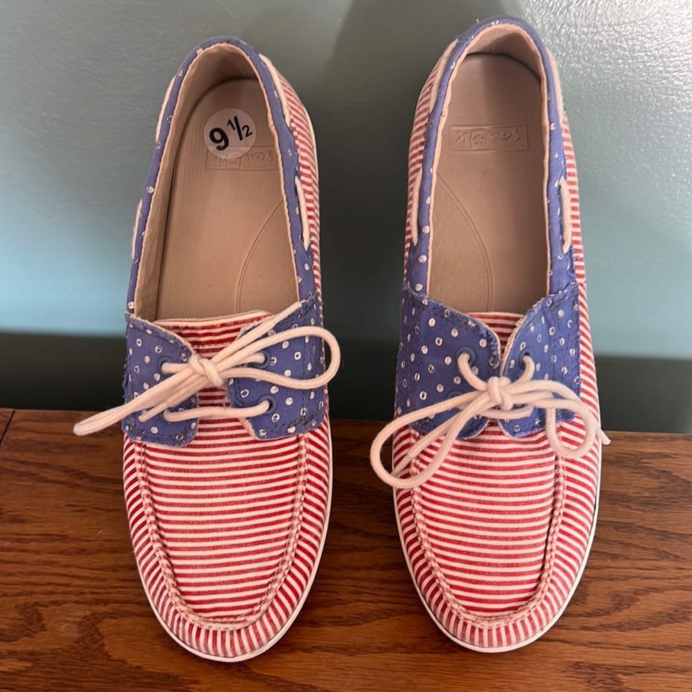 Sanuk Red & Blue Striped Casual Boat Shoes Flats
